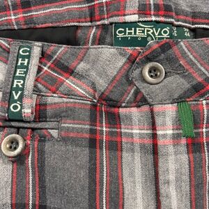 Chervo Sports Plaid Golf Pants Mens 34 Grey Red White Tartan‎ Stretch Trousers